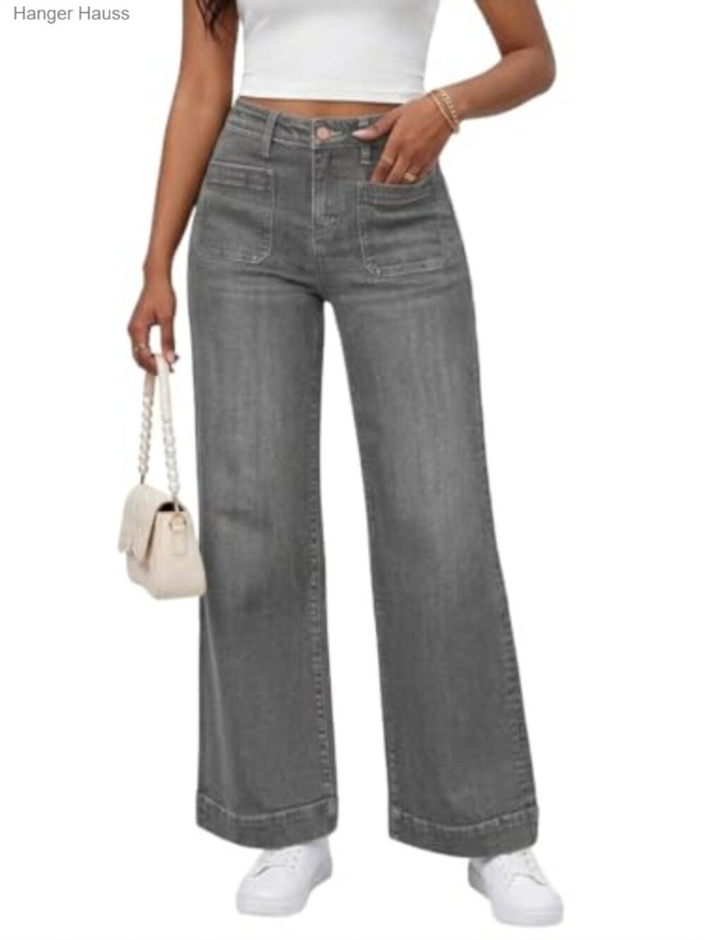 High Waisted Wide Leg Flare Jeans Stretchy Baggy Denim Pants with Pockets
